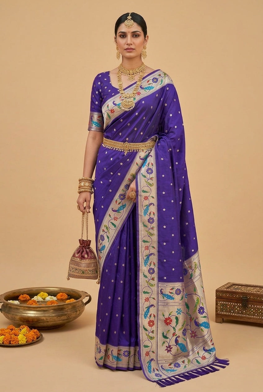 OWLSKY, SASSY & STYLO Women's Paithani Silk Saree with Zari Motif Design| Meenakari Rich Pallu with Tessels Attched | Peacock Floral Border | Traditional Festive Saree with Silk Blouse Piece