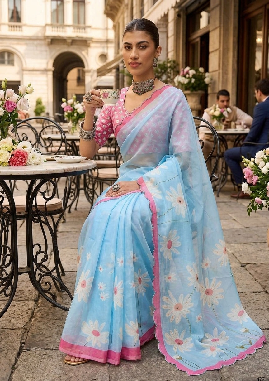 OWLSKY, SASSY & STYLO Women's Premium Soft Organza Floral Printed Saree with Scallop Border | Lightweight Organza Saree with Unstitched Blouse Piece