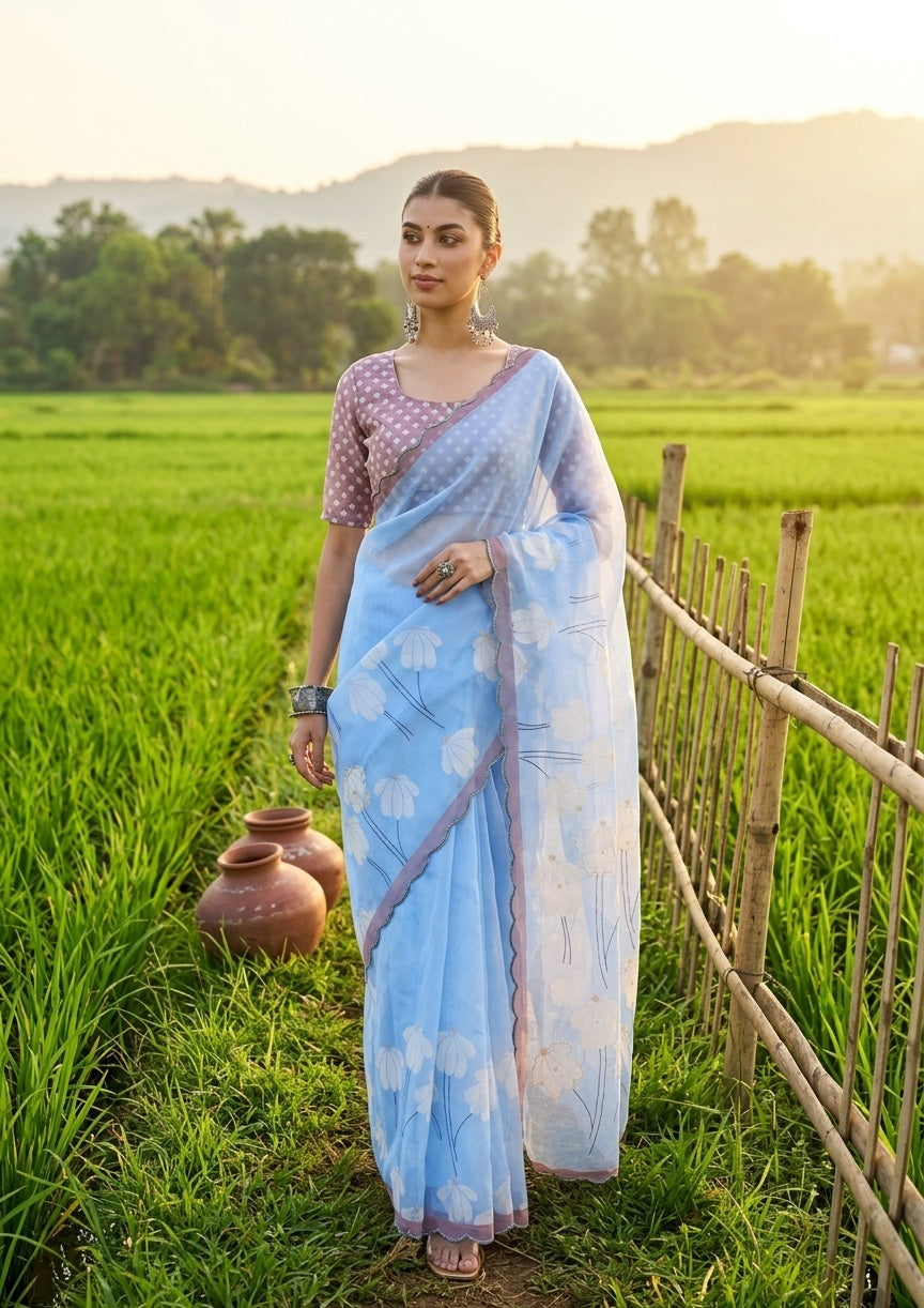 OWLSKY, SASSY & STYLO Women's Premium Soft Organza Floral Printed Saree with Scallop Border | Lightweight Organza Saree with Unstitched Blouse Piece