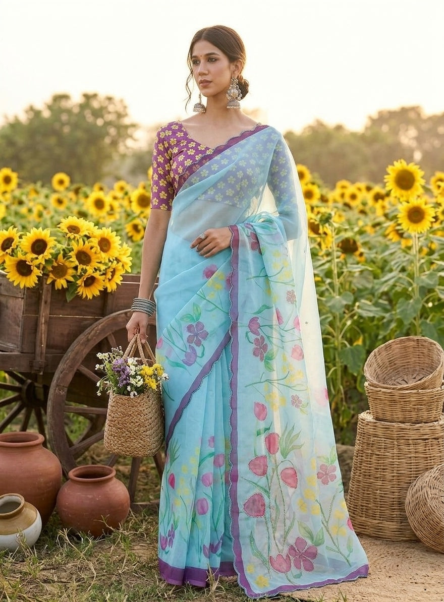 OWLSKY, SASSY & STYLO Women's Premium Soft Organza Floral Printed Saree with Scallop Border | Lightweight Organza Saree with Unstitched Blouse Piece