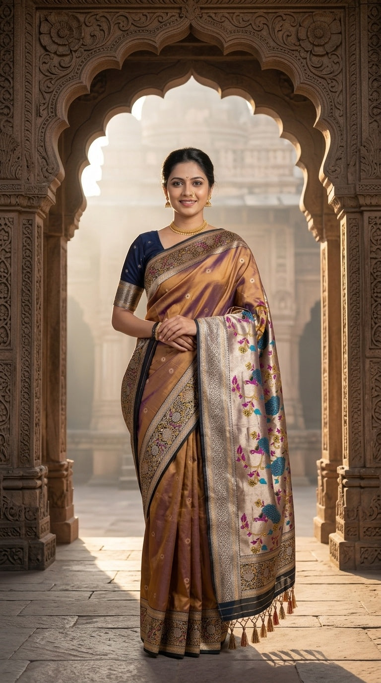Premium Soft Paithani Silk Saree for Women with Meenakari Zari Weaving, Rich Peacock Pallu, Floral Border & Silk Brocade Blouse