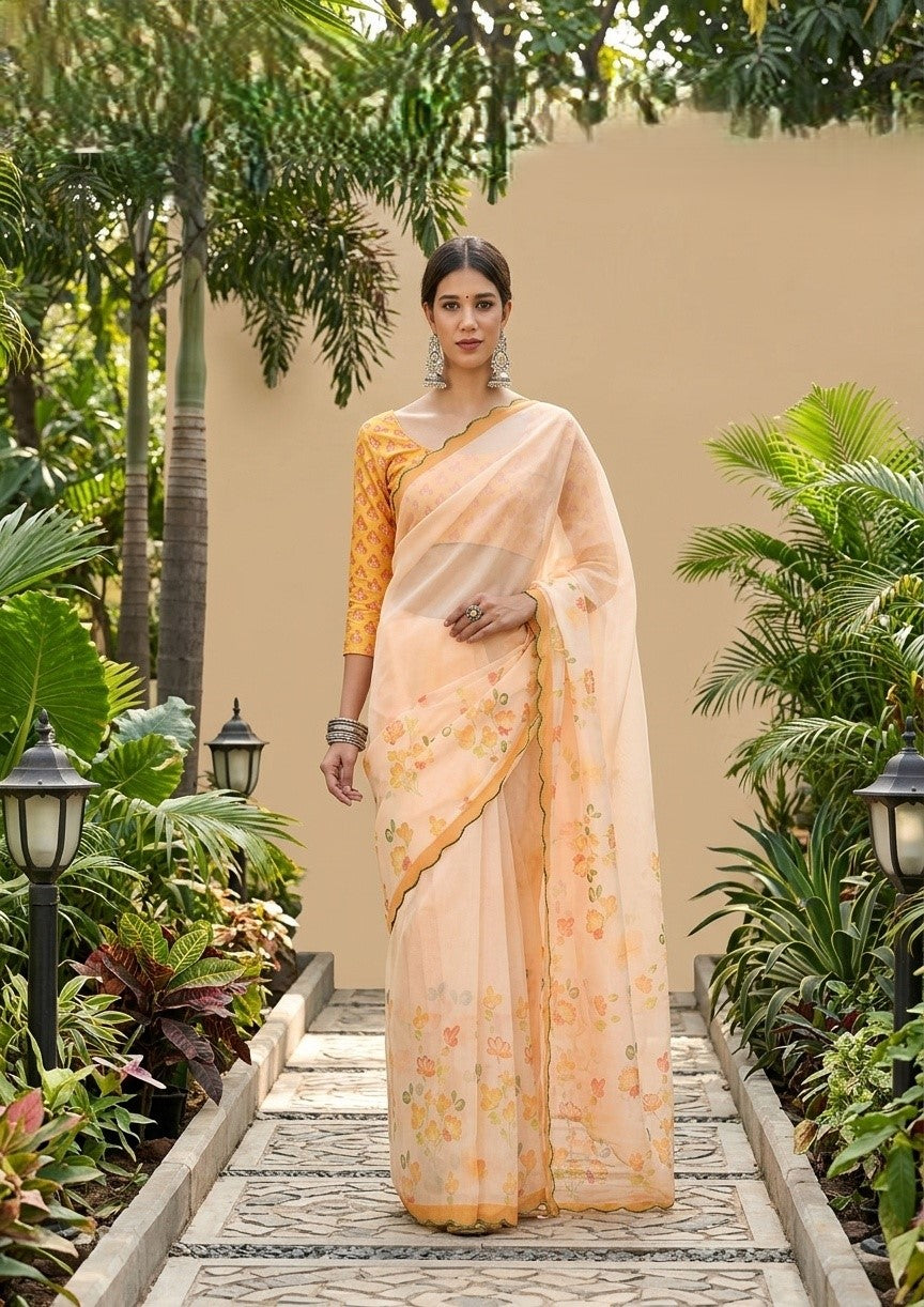 OWLSKY, SASSY & STYLO Women's Premium Soft Organza Floral Printed Saree with Scallop Border | Lightweight Organza Saree with Unstitched Blouse Piece