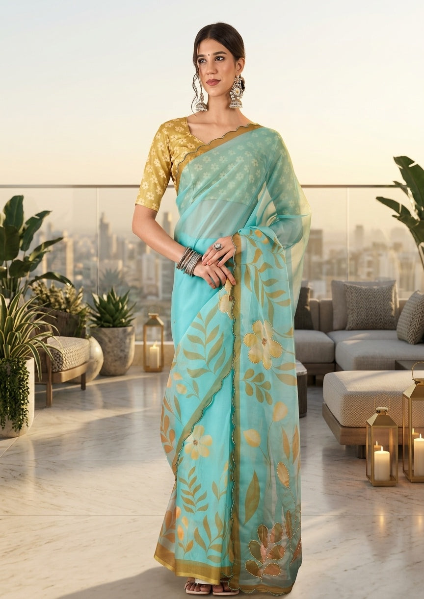 OWLSKY, SASSY & STYLO Women's Premium Soft Organza Floral Printed Saree with Scallop Border | Lightweight Organza Saree with Unstitched Blouse Piece