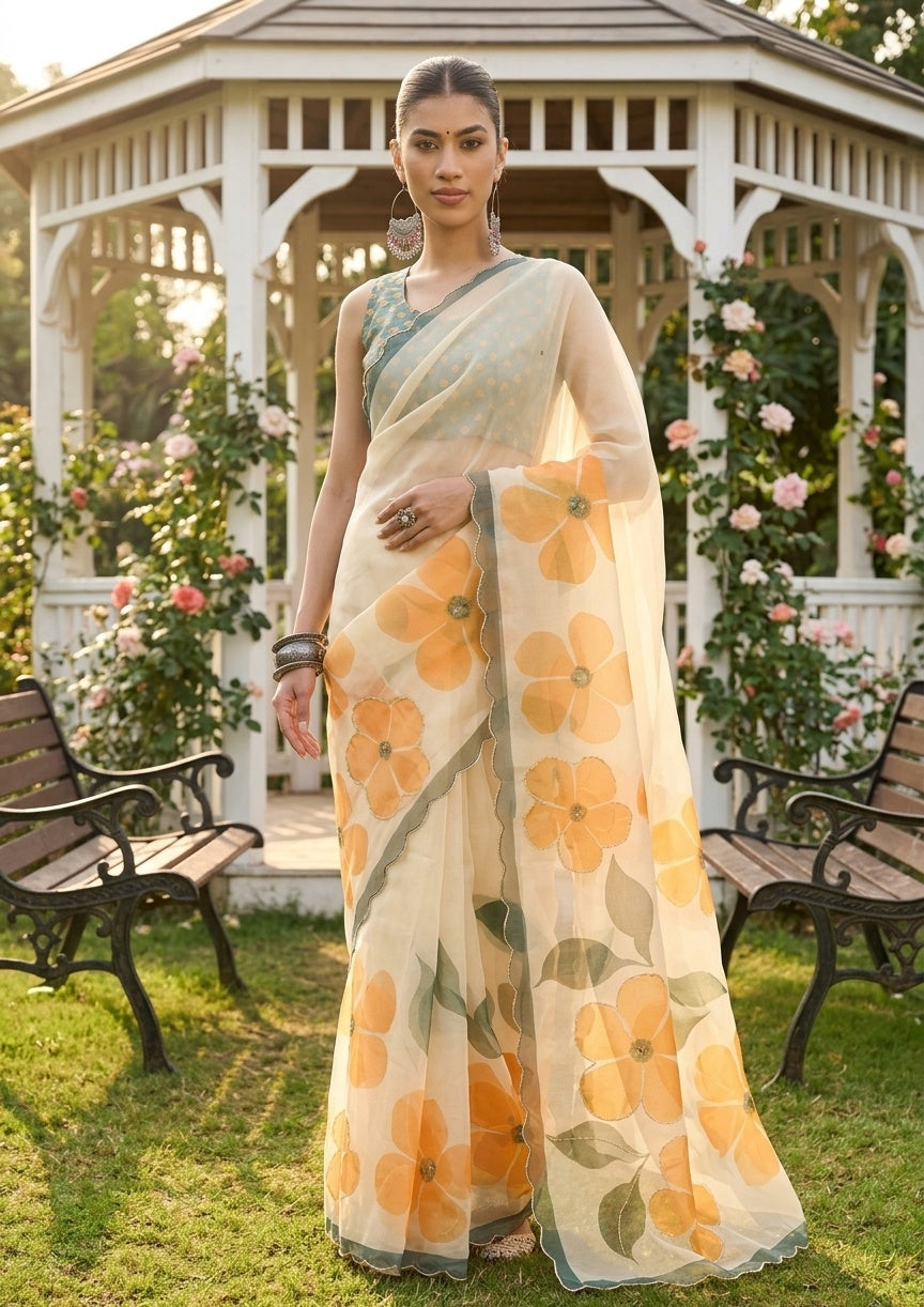 OWLSKY, SASSY & STYLO Women's Premium Soft Organza Floral Printed Saree with Scallop Border | Lightweight Organza Saree with Unstitched Blouse Piece