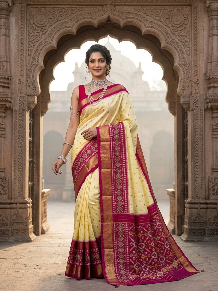 OWLSKY, SASSY & STYLO Women's Ikkat Pochampally Style Soft Dola Bentex Silk Saree with Rich Bentex Woven Border & Digital Print | Traditional Ethnic Saree with Running Blouse Piece