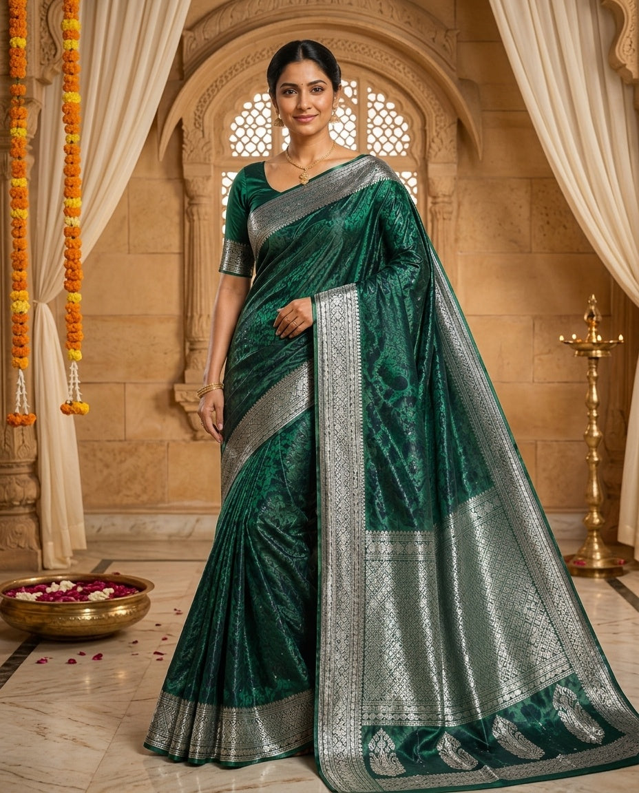 OWLSKY, SASSY & STYLO Women's Handloom Pure Banarasi Silk Saree with Jacquard Woven Floral/Paisley Butti with Rich Contrast Zari Border & Grand Rich Designer Woven Pallu