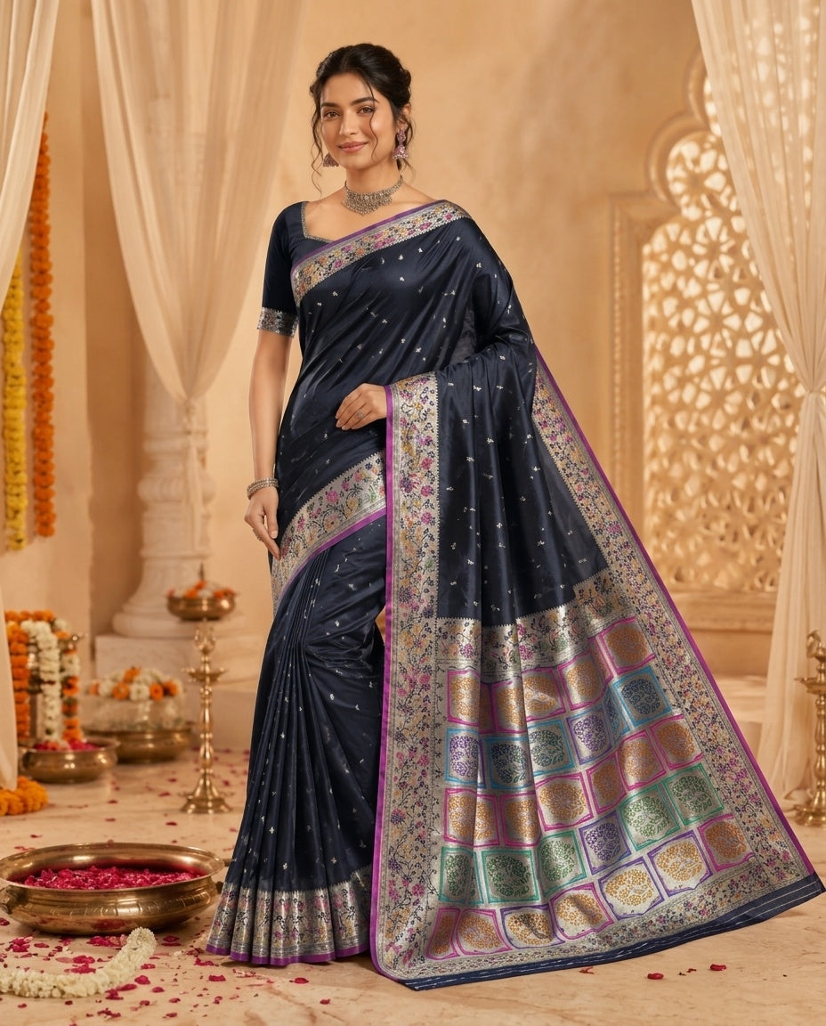 OWLSKY, SASSY & STYLO Women's Handloom Pure Banarasi Silk Saree with Jacquard Woven Floral/Paisley Butti with Rich Contrast Zari Border & Grand Rich Designer Woven Pallu
