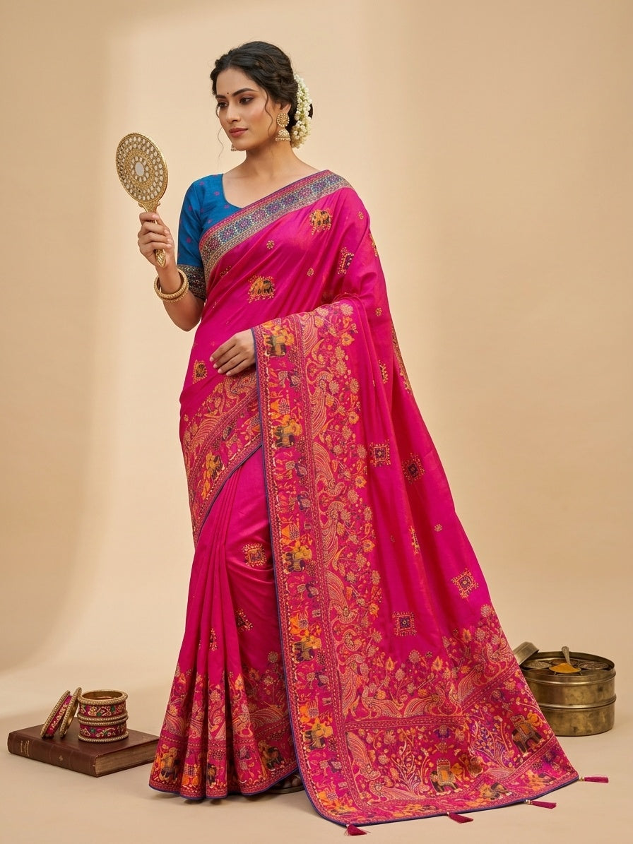 OWLSKY, SASSY & STYLO Women's Pure Rajwadi Pashmina Silk Woven Saree with Kashmiri Thread Woven Pallu | Heavy Zari Elephant Border, Running Butti, Handmade Tassels | Contrast Unstitched Blouse