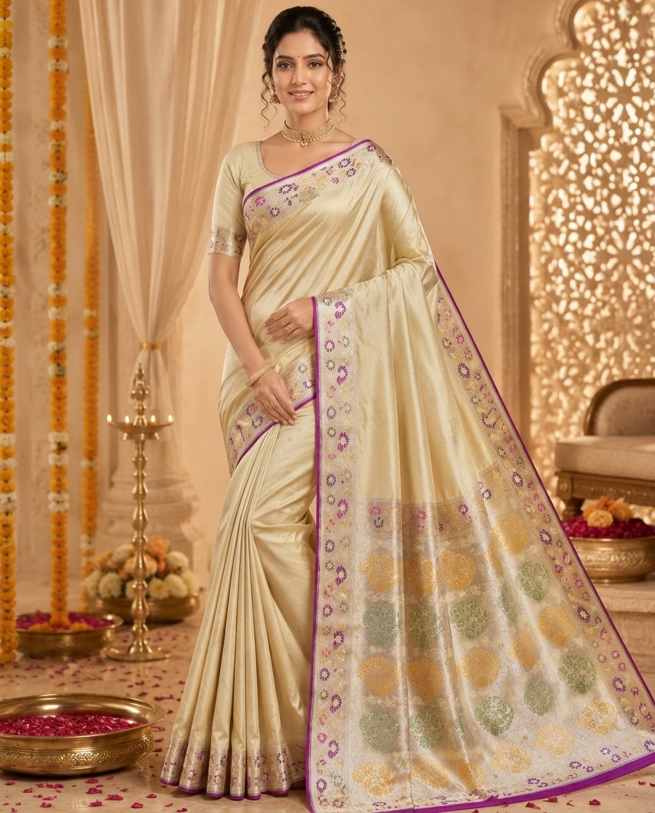 OWLSKY, SASSY & STYLO Women's Handloom Pure Banarasi Silk Saree with Jacquard Woven Floral/Paisley Butti with Rich Contrast Zari Border & Grand Rich Designer Woven Pallu