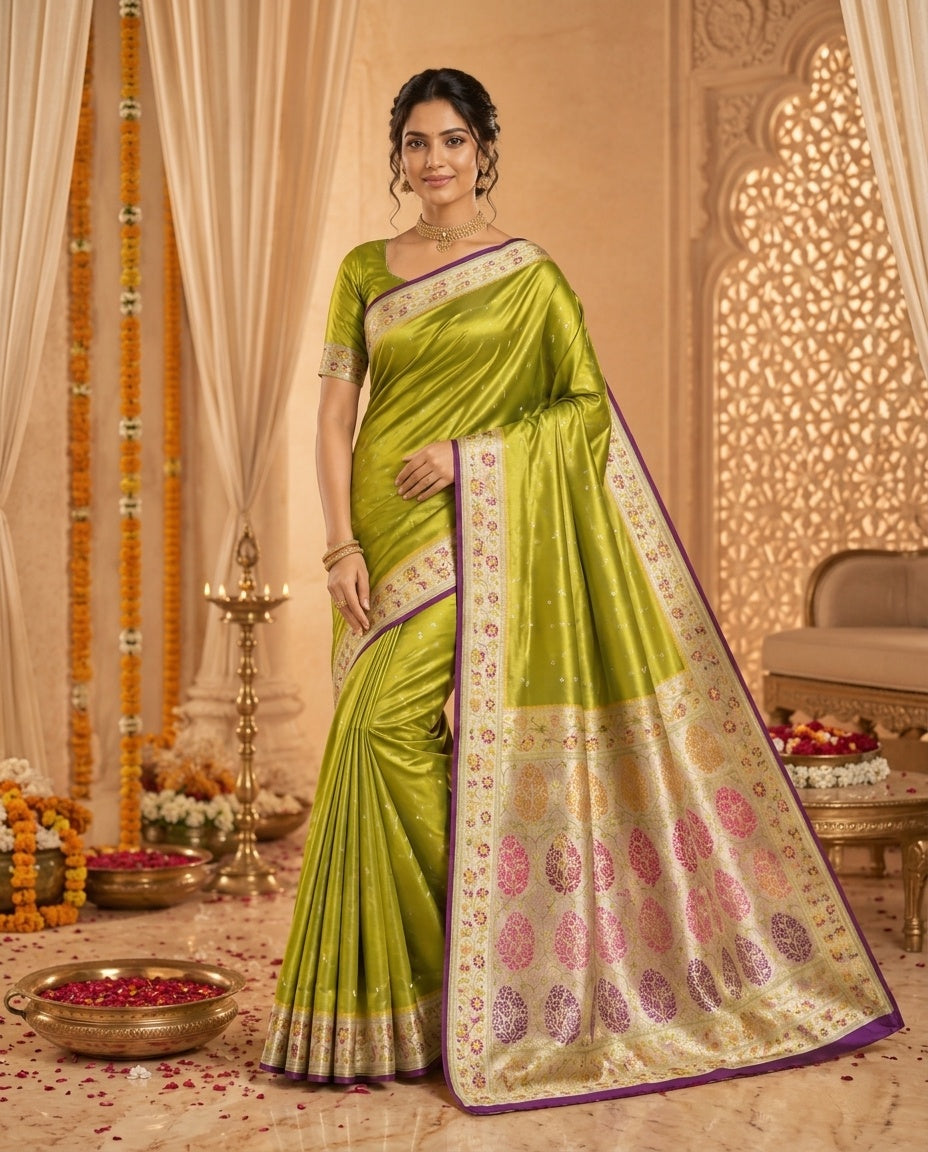 OWLSKY, SASSY & STYLO Women's Handloom Pure Banarasi Silk Saree with Jacquard Woven Floral/Paisley Butti with Rich Contrast Zari Border & Grand Rich Designer Woven Pallu