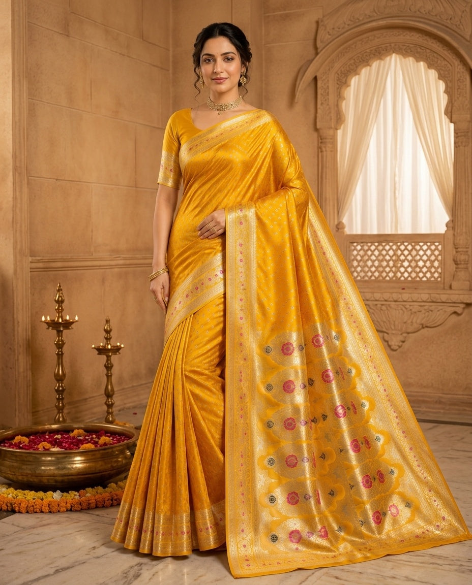 OWLSKY, SASSY & STYLO Women's Handloom Pure Banarasi Silk Saree with Jacquard Woven Floral/Paisley Butti with Rich Contrast Zari Border & Grand Rich Designer Woven Pallu
