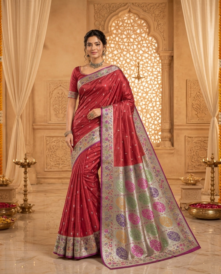 OWLSKY, SASSY & STYLO Women's Handloom Pure Banarasi Silk Saree with Jacquard Woven Floral/Paisley Butti with Rich Contrast Zari Border & Grand Rich Designer Woven Pallu