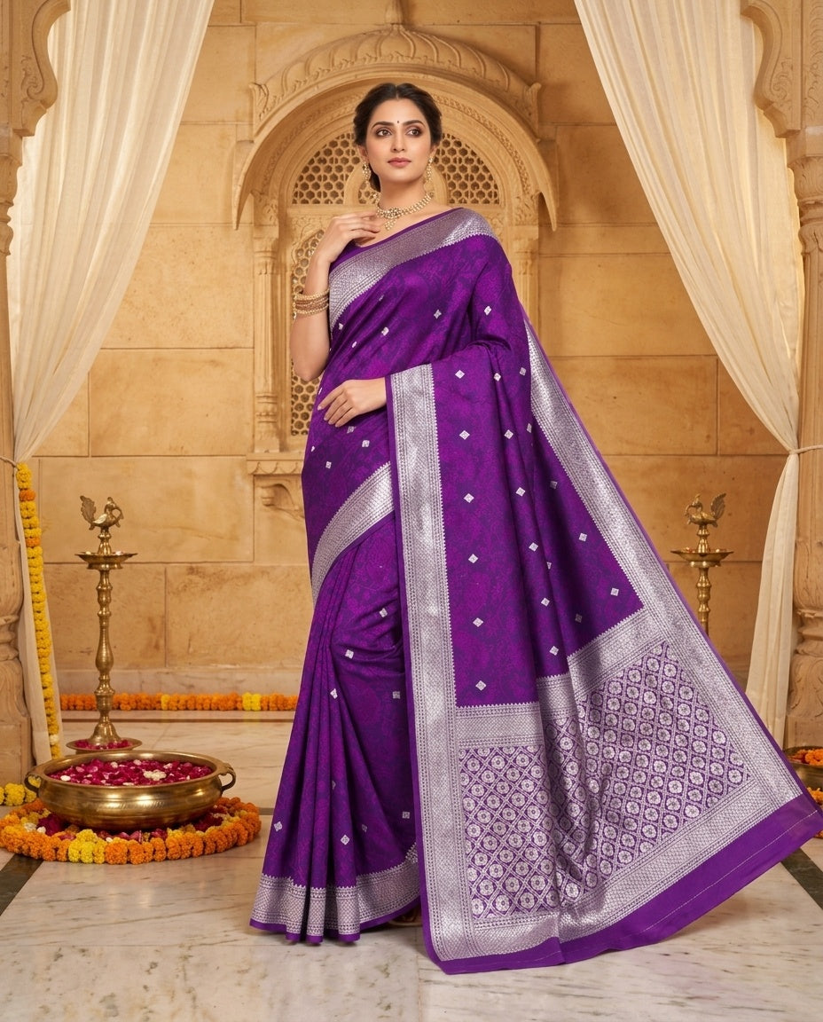 OWLSKY, SASSY & STYLO Women's Handloom Pure Banarasi Silk Saree with Jacquard Woven Floral/Paisley Butti with Rich Contrast Zari Border & Grand Rich Designer Woven Pallu
