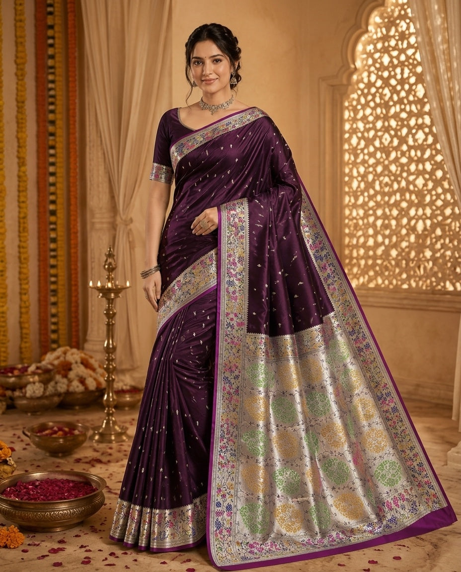 OWLSKY, SASSY & STYLO Women's Handloom Pure Banarasi Silk Saree with Jacquard Woven Floral/Paisley Butti with Rich Contrast Zari Border & Grand Rich Designer Woven Pallu