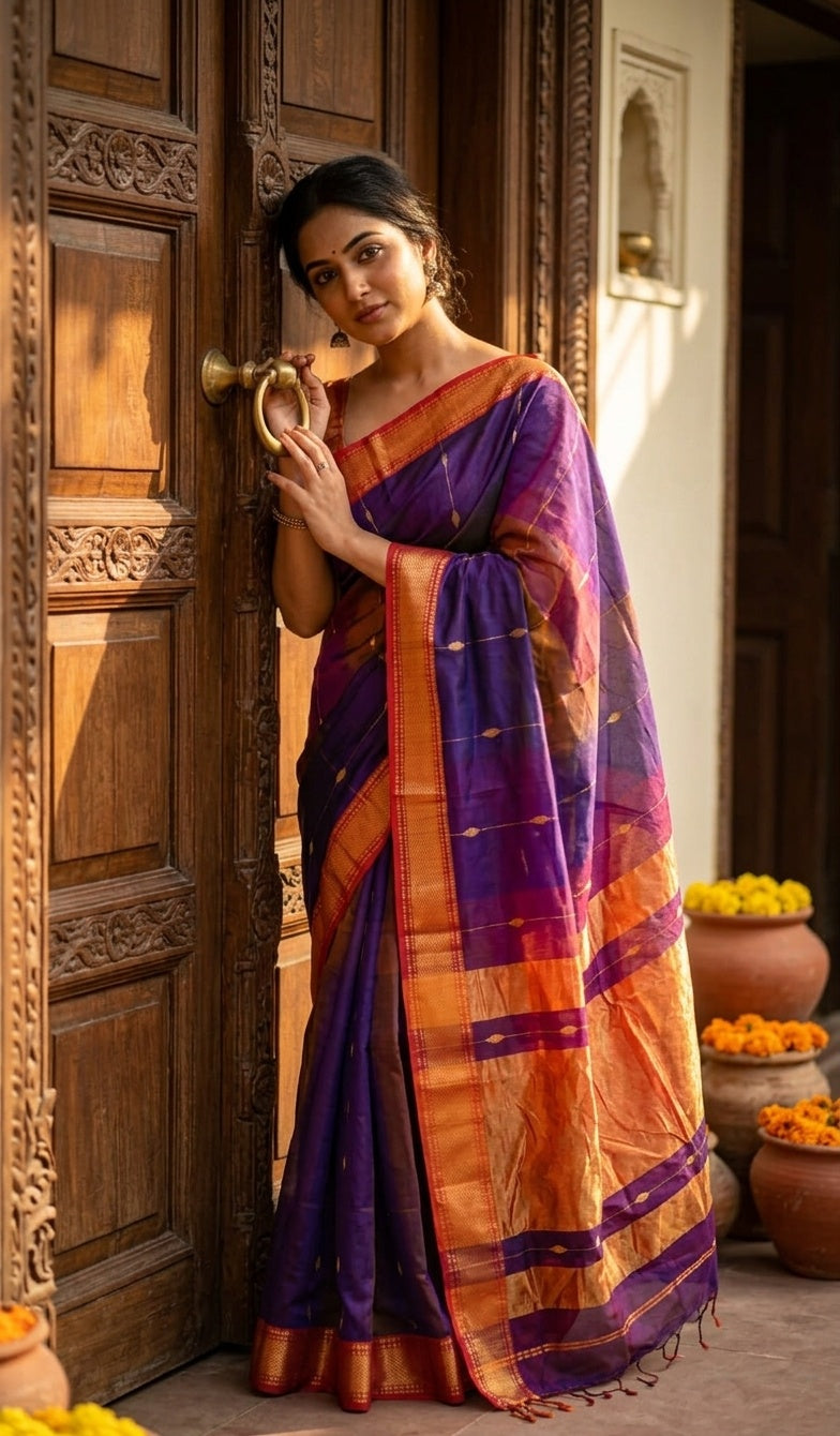 OWLSKY, SASSY & STYLO Women's Handloom Maheshwari Silk Saree with Traditional Zari Border | Premium Woven Silk Saree with Rich Pallu & Running Blouse | Designer Ethnic Saree for Wedding, Festival