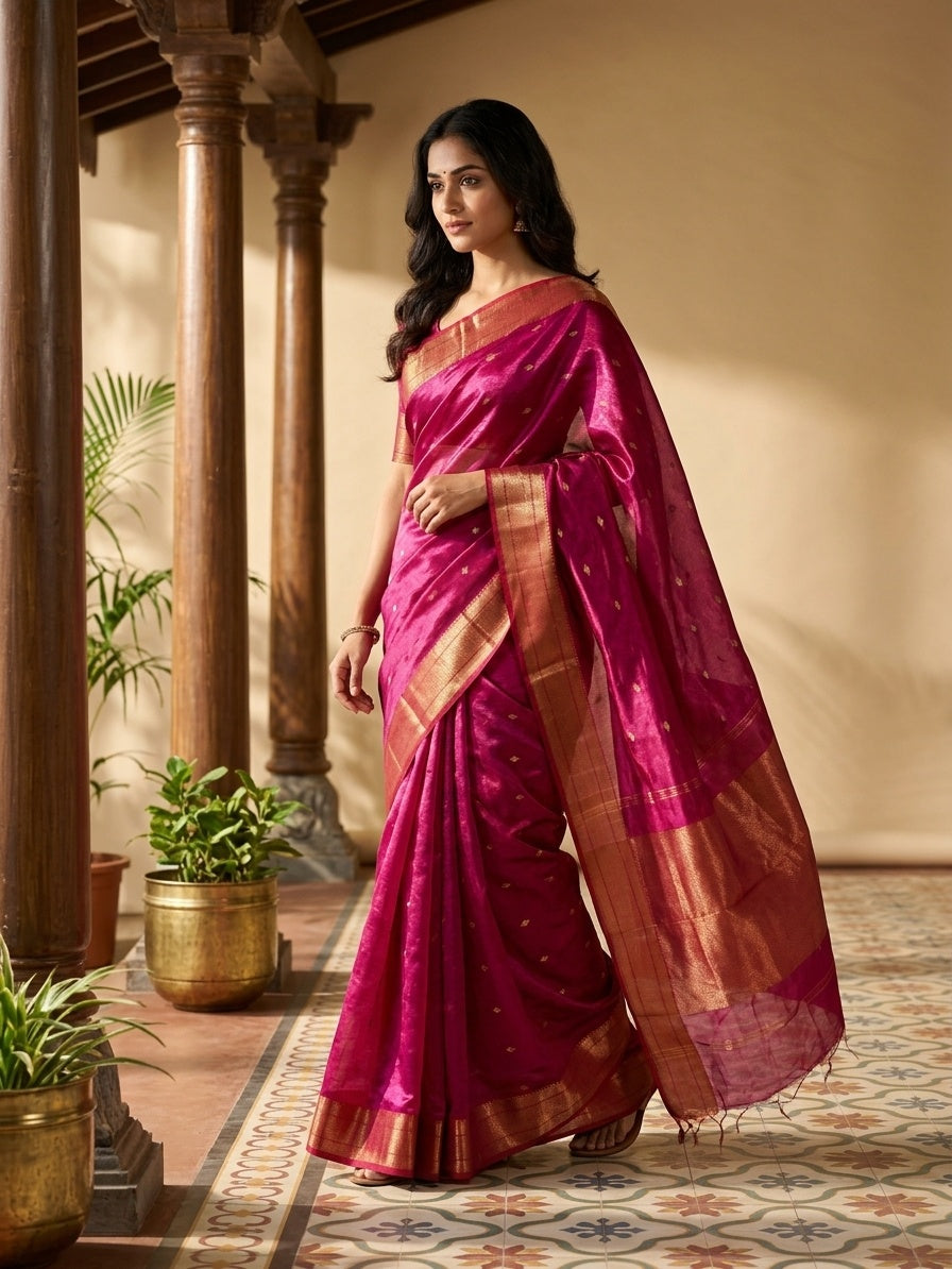 OWLSKY, SASSY & STYLO Women's Handloom Maheshwari Silk Saree with Traditional Zari Border | Premium Woven Silk Saree with Rich Pallu & Running Blouse | Designer Ethnic Saree for Wedding, Festival