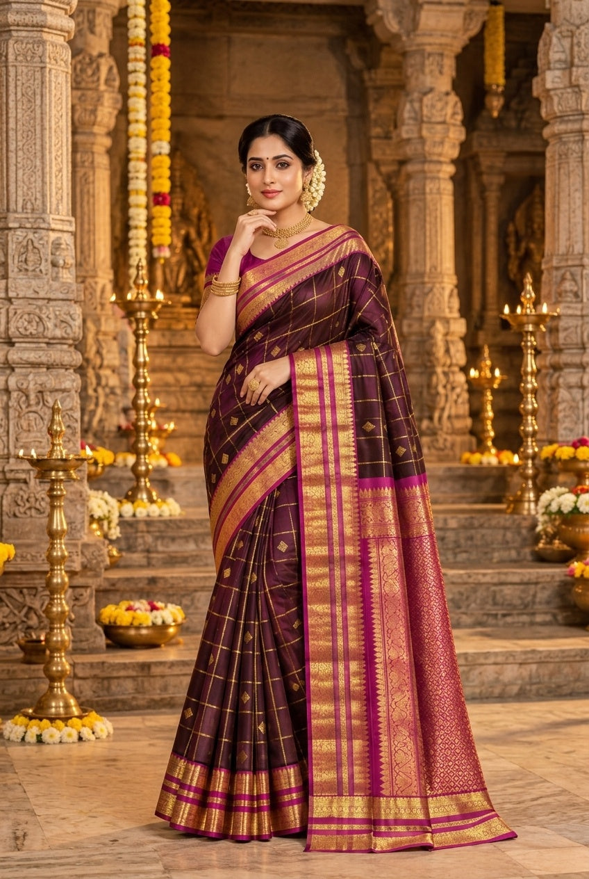 Owlsky Pure Handloom Kajiveram Traditional Silk Saree