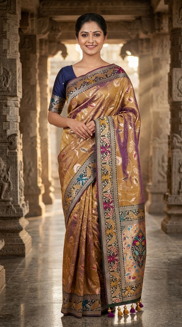 PREMIUM Soft Paithani Silk Saree for Women with Meenakari Zari Weaving, Rich Peacock Pallu, Floral Border & Tassels with Brocade Blouse