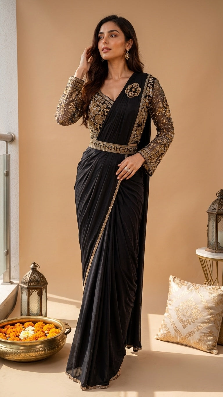 OWLSKY, SASSY & STYLO Women's Ready to Wear Imported Lycra Saree with Heavy Beads Work Designer Stitched Blouse | Pre Draped Saree | Stretch Lycra Saree