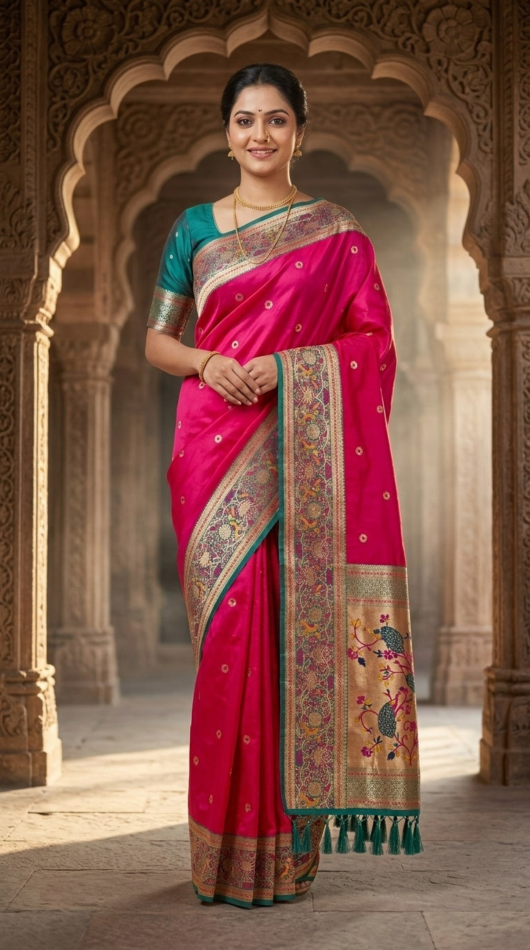 Premium Soft Paithani Silk Saree for Women with Meenakari Zari Weaving, Rich Peacock Pallu, Floral Border & Silk Brocade Blouse