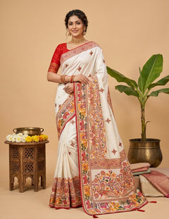 OWLSKY, SASSY & STYLO Women's Pure Rajwadi Pashmina Silk Woven Saree with Kashmiri Thread Woven Pallu | Heavy Zari Elephant Border, Running Butti, Handmade Tassels | Contrast Unstitched Blouse