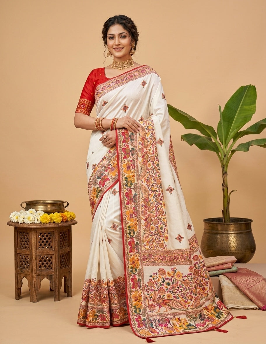 OWLSKY, SASSY & STYLO Women's Pure Rajwadi Pashmina Silk Woven Saree with Kashmiri Thread Woven Pallu | Heavy Zari Elephant Border, Running Butti, Handmade Tassels | Contrast Unstitched Blouse