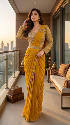 OWLSKY, SASSY & STYLO Women's Ready to Wear Imported Lycra Saree with Heavy Beads Work Designer Stitched Blouse | Pre Draped Saree | Stretch Lycra Saree
