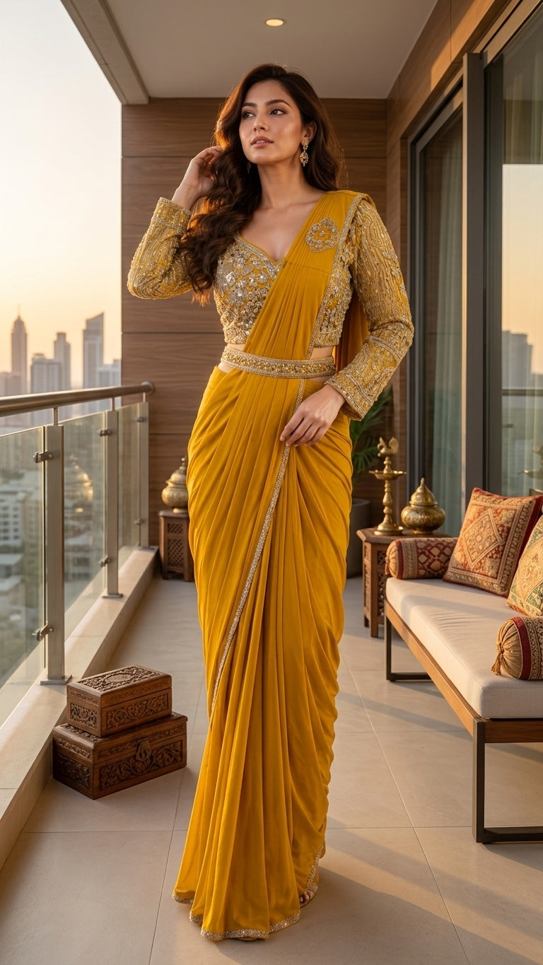 OWLSKY, SASSY & STYLO Women's Ready to Wear Imported Lycra Saree with Heavy Beads Work Designer Stitched Blouse | Pre Draped Saree | Stretch Lycra Saree