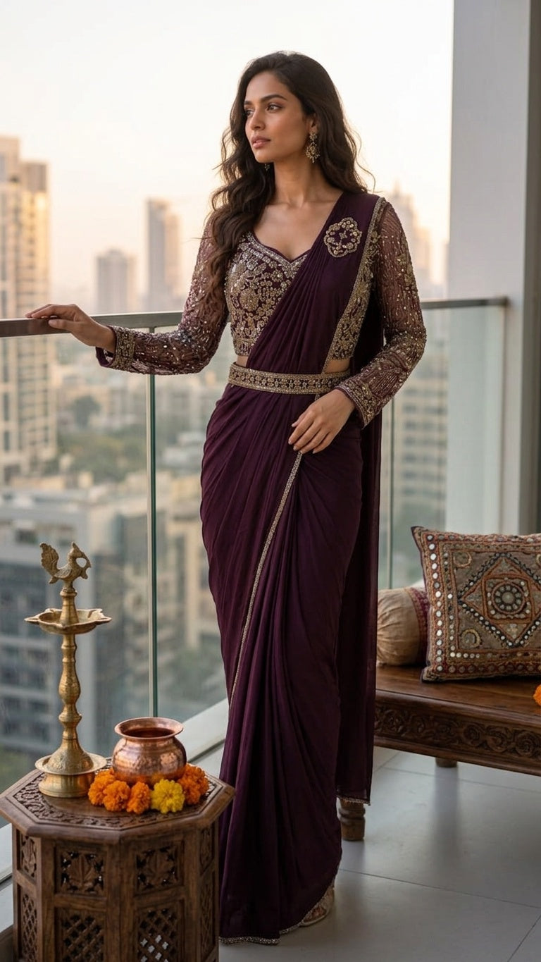 OWLSKY, SASSY & STYLO Women's Ready to Wear Imported Lycra Saree with Heavy Beads Work Designer Stitched Blouse | Pre Draped Saree | Stretch Lycra Saree