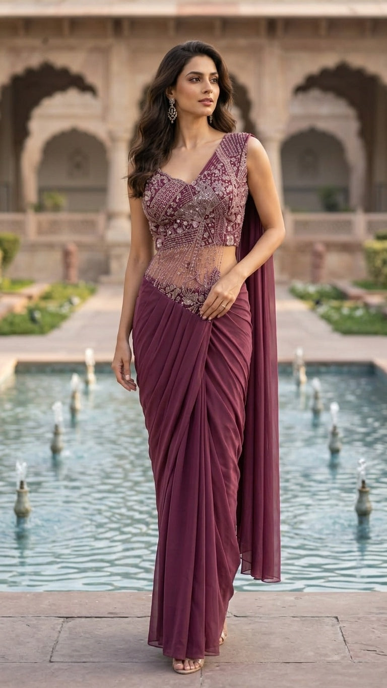 OWLSKY, SASSY & STYLO Women's Ready to Wear Imported Lycra Saree with Heavy Beads Work Blouse | Designer Pre Stitched Saree with Embellished Blouse