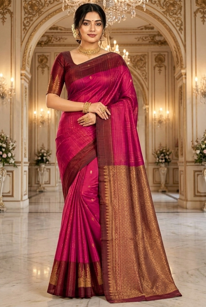 OWLSKY, SASSY & STYLO Pure Silk Kanjivaram Handloom Saree in Dark Rani Pink/Majenta with Antique Gold Zari Border & Rich Contrast Pallu | Traditional Kanchipuram Silk Saree for Women