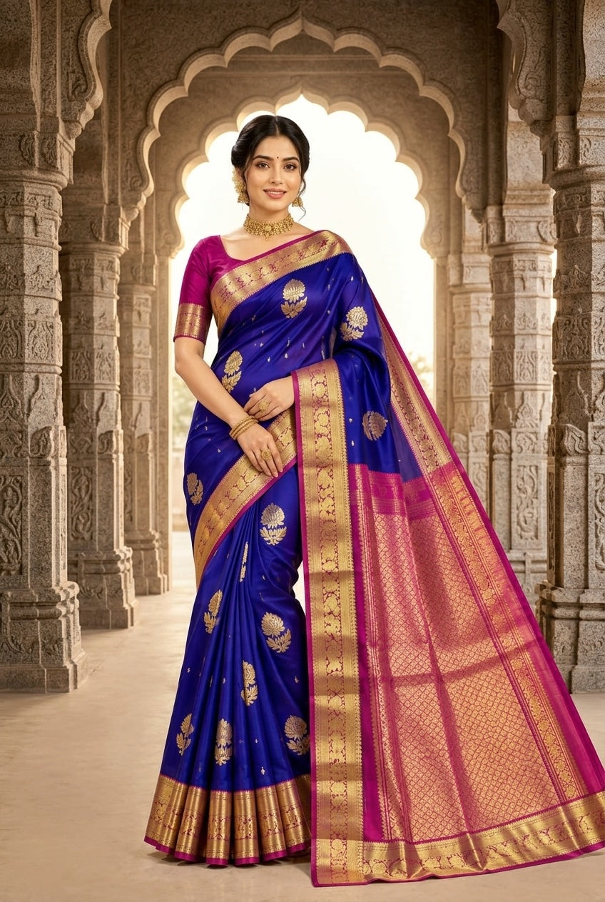 OWLSKY, SASSY & STYLO Royal Blue Pure Silk Kanjivaram Handloom Saree with Gold Zari Buttas & Magenta Contrast Pallu | Traditional Kanchipuram Silk Saree for Women