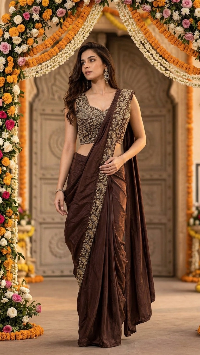 OWLSKY, SASSY & STYLO Women's Ready to Wear Premium Chinnon Saree with Heavy Beads & Embroidery Work Blouse | Pre-Stitched Designer Saree with Embroidered Blouse