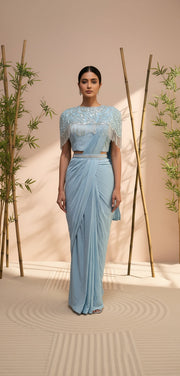 Women Sky Blue Ready-to-Wear One Minute Saree with Embellished Fringed Cape Blouse & Handcrafted Belt | Imported Georgette Wedding & Festive Saree | Pre-Draped Saree