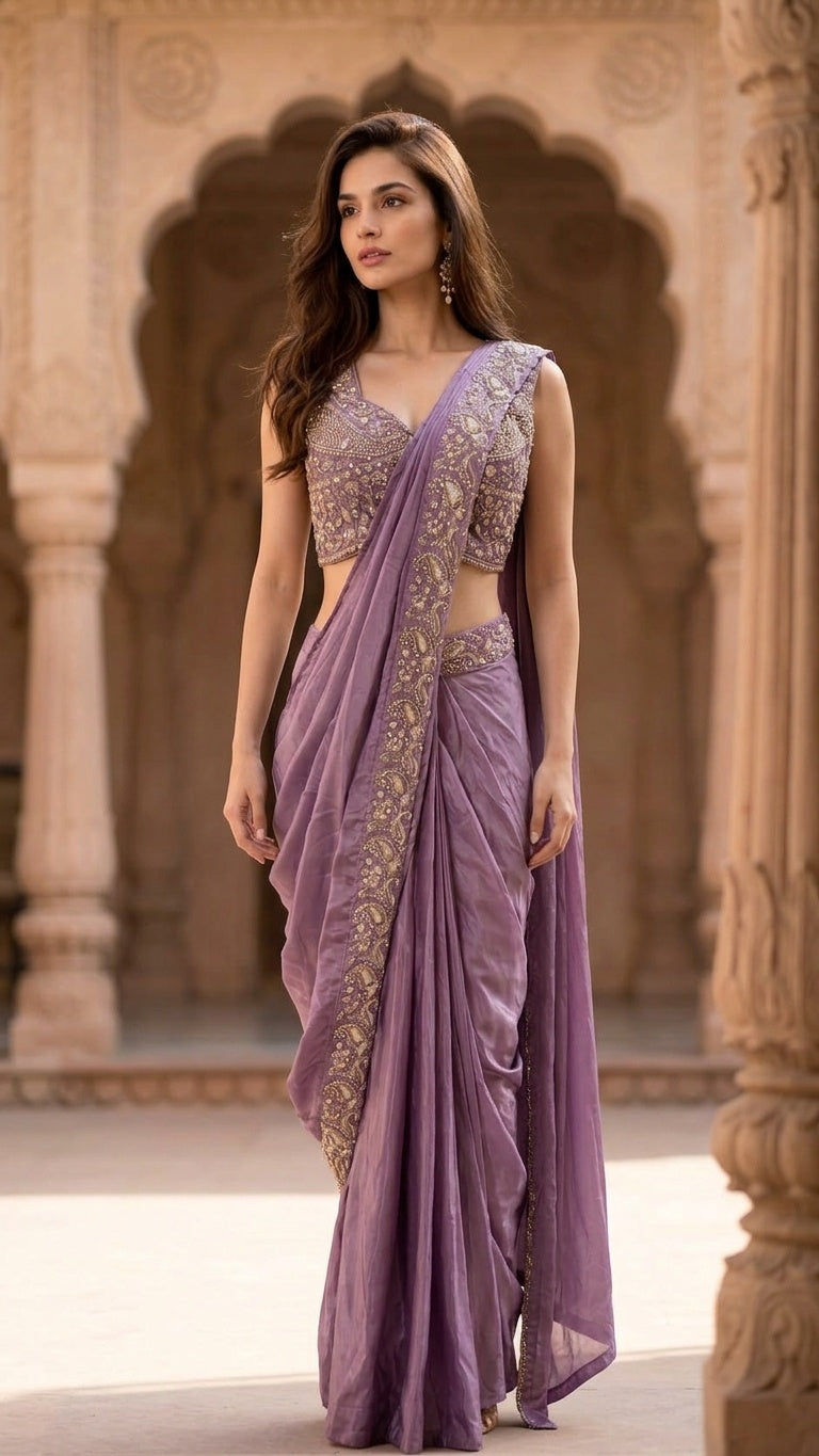 OWLSKY, SASSY & STYLO Women's Ready to Wear Premium Chinnon Saree with Heavy Beads & Embroidery Work Blouse | Pre-Stitched Designer Saree with Embroidered Blouse