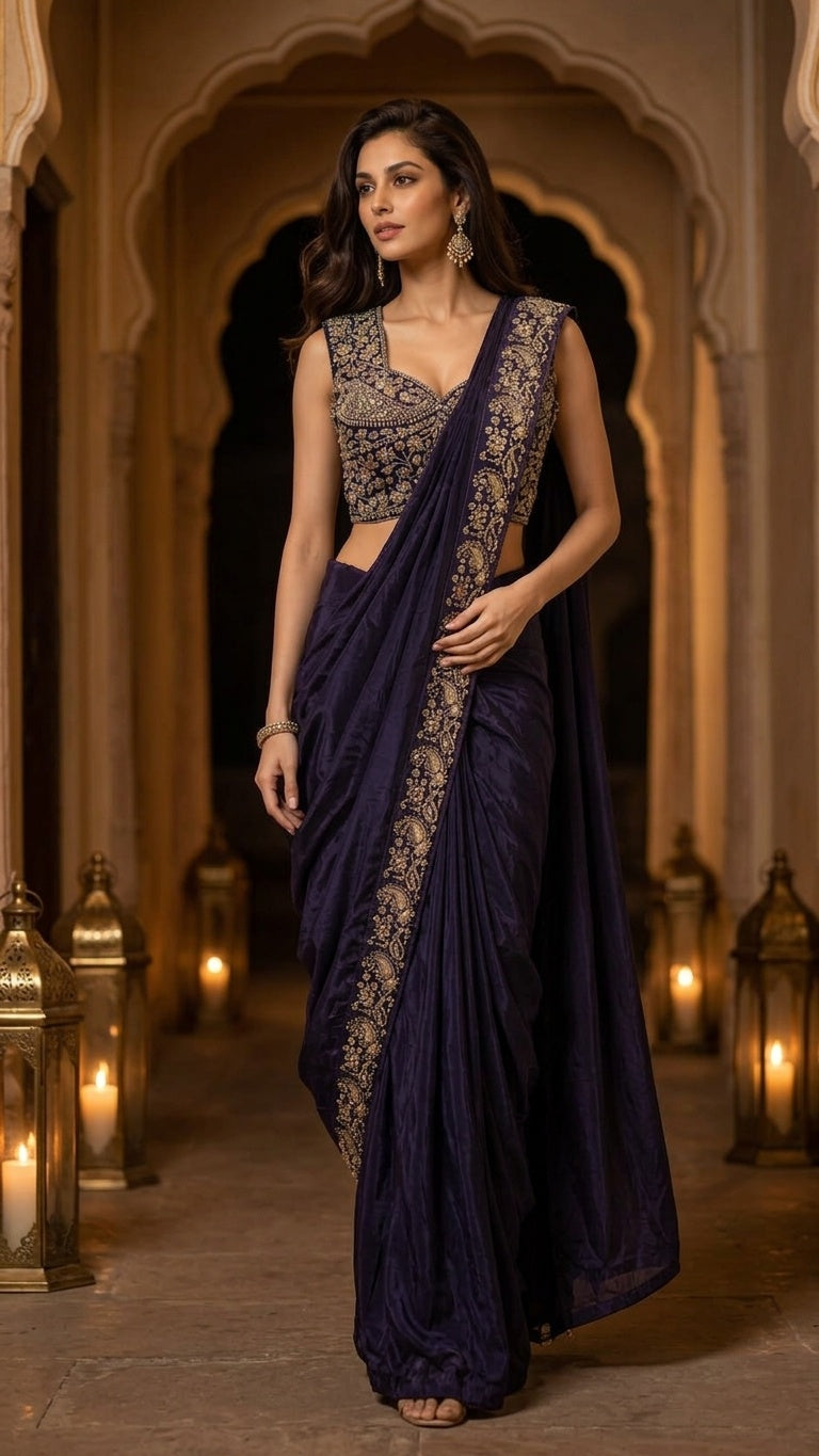OWLSKY, SASSY & STYLO Women's Ready to Wear Premium Chinnon Saree with Heavy Beads & Embroidery Work Blouse | Pre-Stitched Designer Saree with Embroidered Blouse