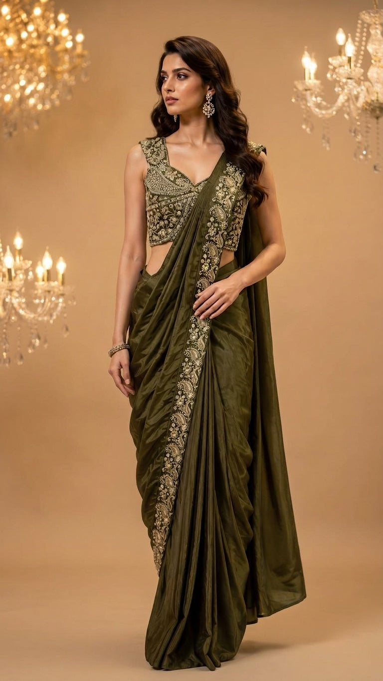 OWLSKY, SASSY & STYLO Women's Ready to Wear Premium Chinnon Saree with Heavy Beads & Embroidery Work Blouse | Pre-Stitched Designer Saree with Embroidered Blouse