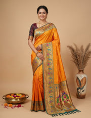 OWLSKY, SASSY & STYLO Women's Paithani Art Silk Saree with Zari Meenakari Weaving | Peacock Motif Pallu Tassels Attched | Traditional Festive Designer Saree with Brocade Blouse Piece