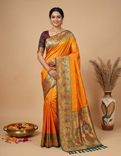 OWLSKY, SASSY & STYLO Women's Paithani Art Silk Saree with Zari Meenakari Weaving | Peacock Motif Pallu Tassels Attched | Traditional Festive Designer Saree with Brocade Blouse Piece
