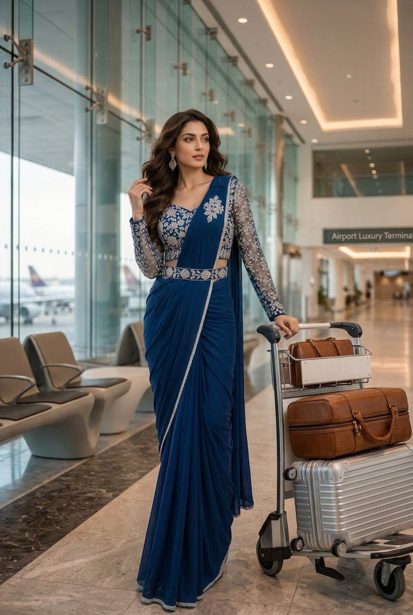 Navy Blue with Silver Embroidery
