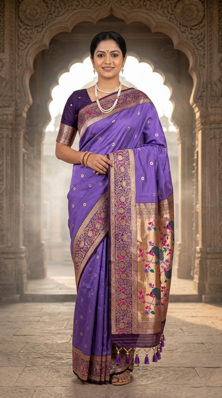 Premium Soft Paithani Silk Saree for Women with Meenakari Zari Weaving, Rich Peacock Pallu, Floral Border & Silk Brocade Blouse