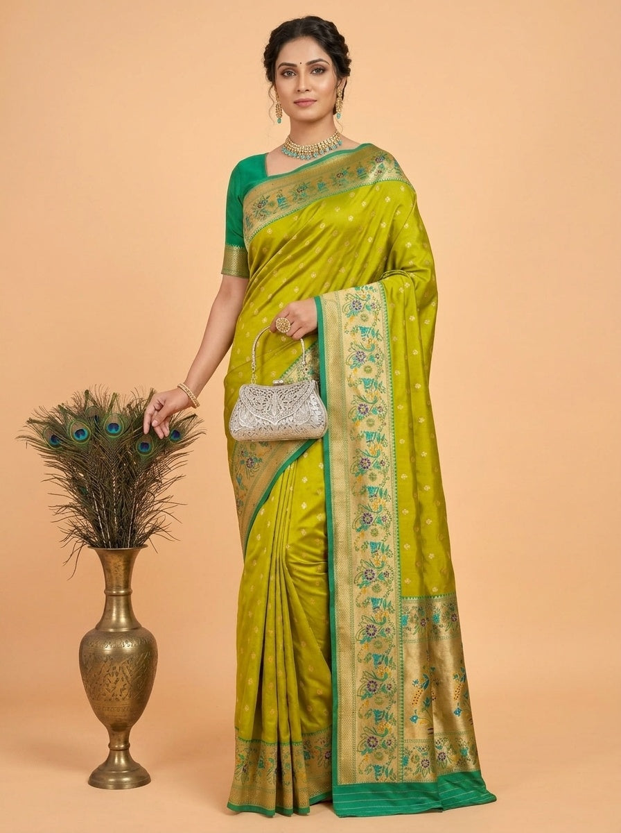 OWLSKY, SASSY & STYLO Women's Paithani Art Silk Saree with Zari Meenakari Weaving | Peacock Motif Pallu Tassels Attched | Traditional Festive Designer Saree with Brocade Blouse Piece