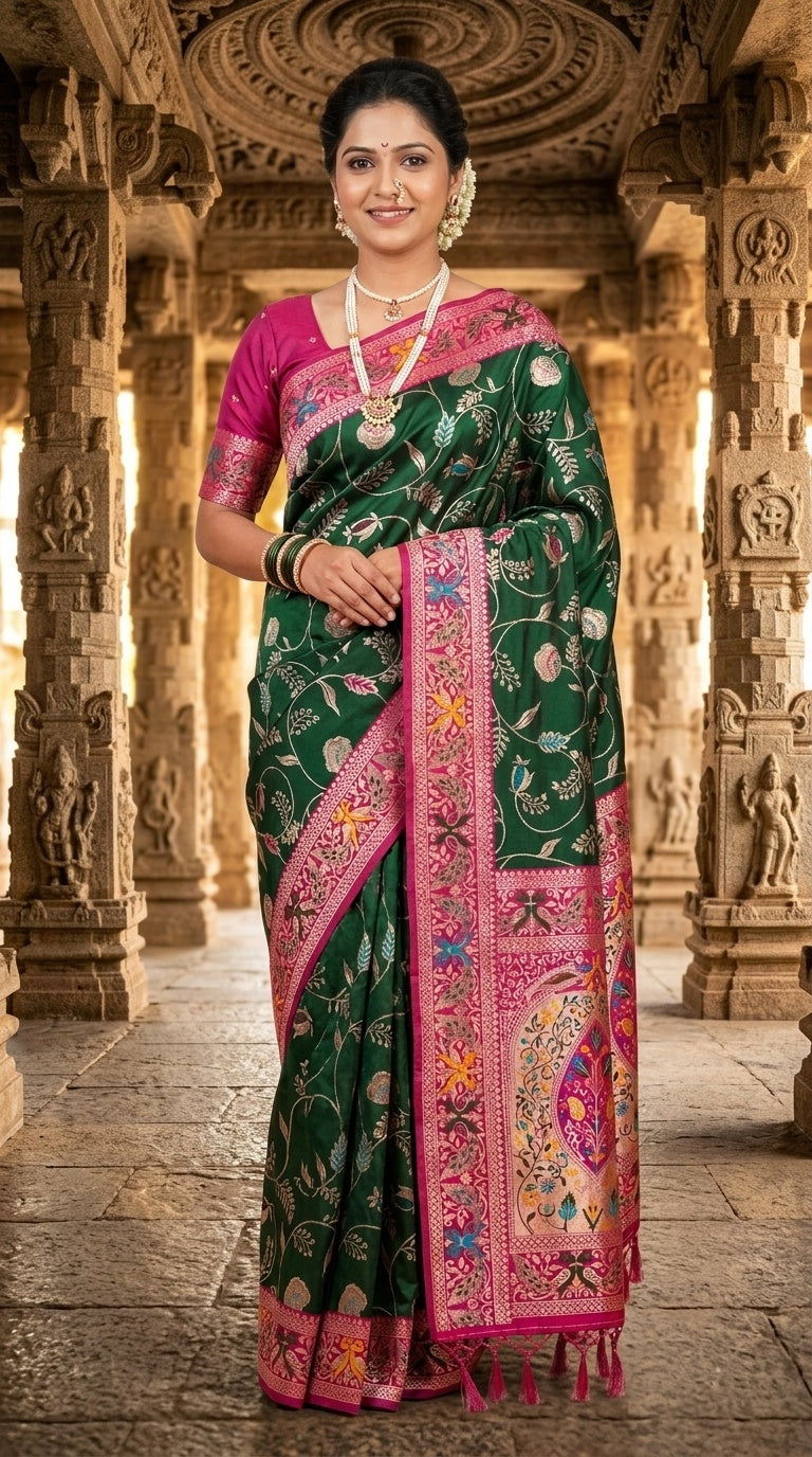 PREMIUM Soft Paithani Silk Saree for Women with Meenakari Zari Weaving, Rich Peacock Pallu, Floral Border & Tassels with Brocade Blouse