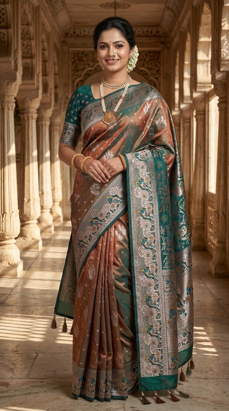 Premium Soft Paithani Silk Saree for Women with Meenakari Zari Weaving, Peacock Pallu, Rich Floral Border & Brocade Blouse