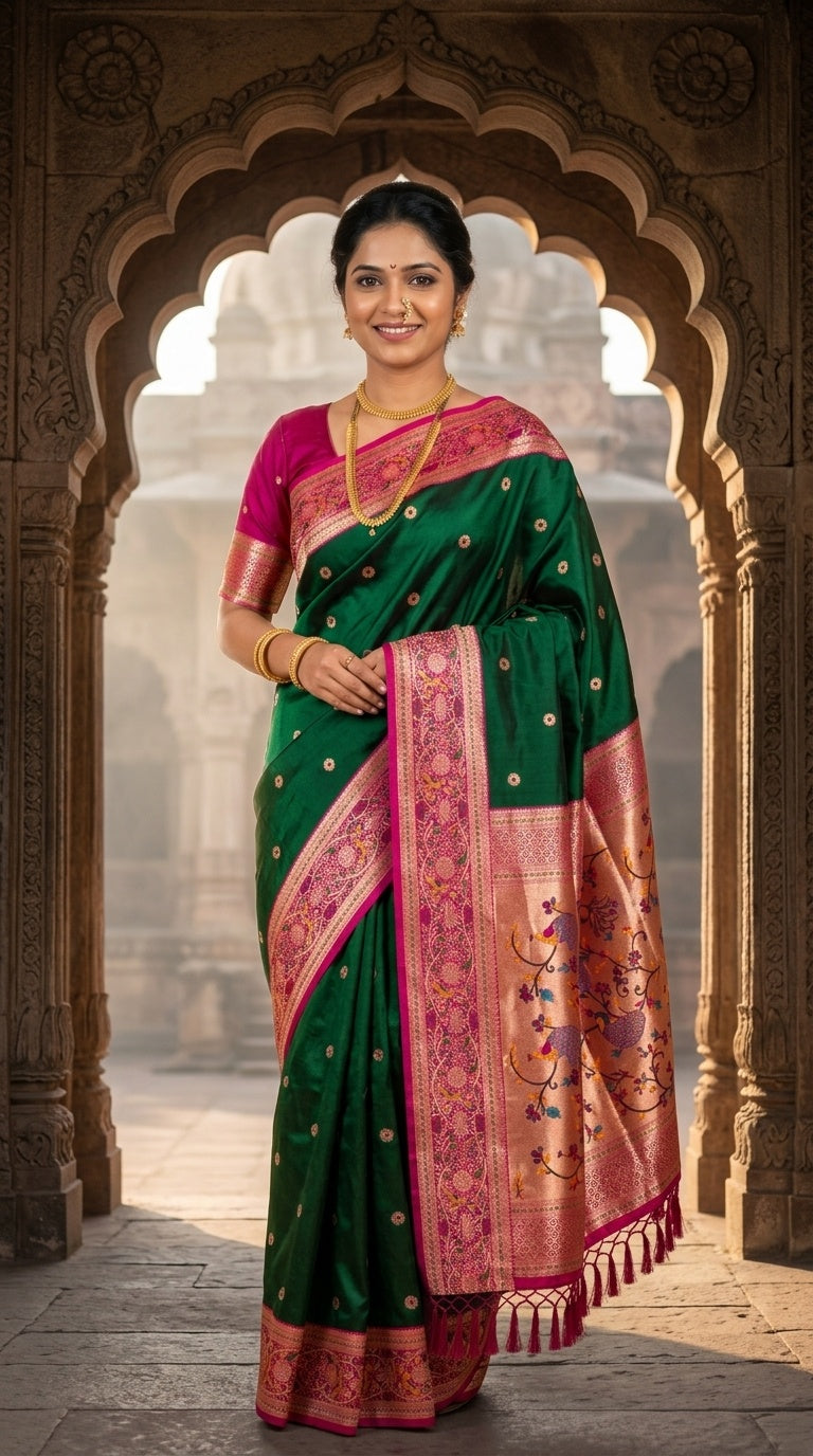 Premium Soft Paithani Silk Saree for Women with Meenakari Zari Weaving, Rich Peacock Pallu, Floral Border & Silk Brocade Blouse