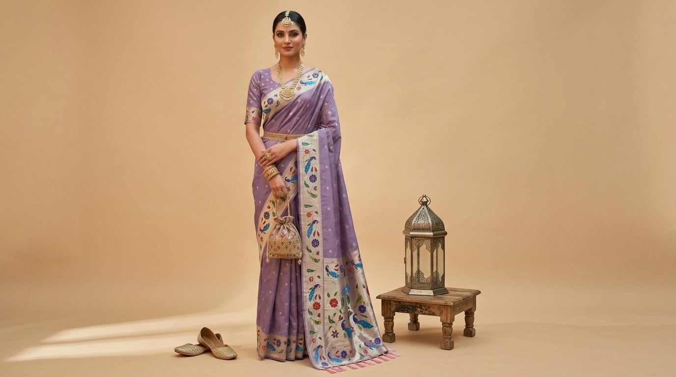 OWLSKY, SASSY & STYLO Women's Paithani Silk Saree with Zari Motif Design| Meenakari Rich Pallu with Tessels Attched | Peacock Floral Border | Traditional Festive Saree with Silk Blouse Piece