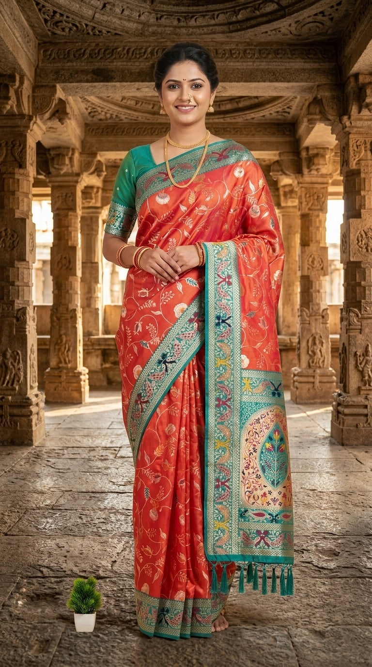 PREMIUM Soft Paithani Silk Saree for Women with Meenakari Zari Weaving, Rich Peacock Pallu, Floral Border & Tassels with Brocade Blouse