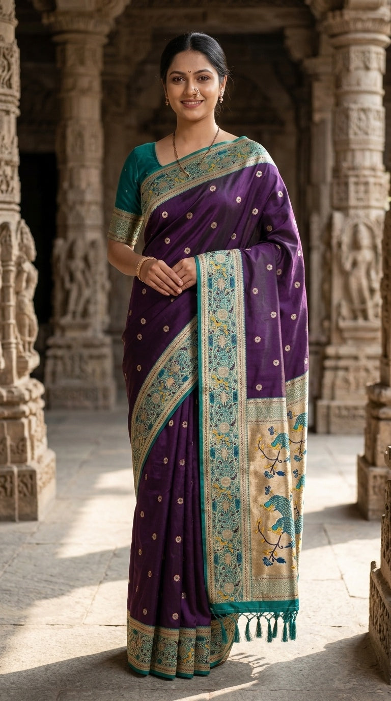 Premium Soft Paithani Silk Saree for Women with Meenakari Zari Weaving, Rich Peacock Pallu, Floral Border & Silk Brocade Blouse