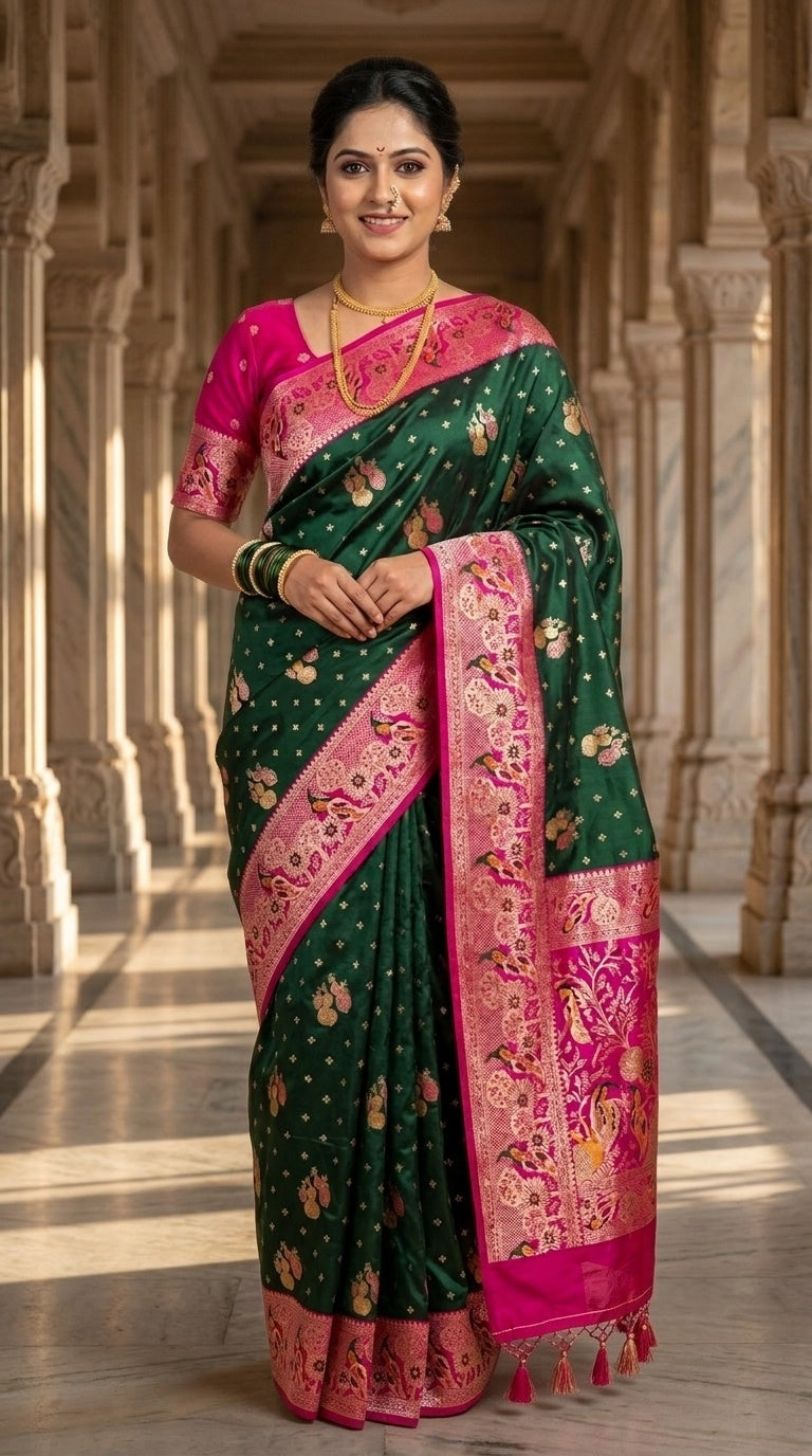 Premium Soft Paithani Silk Saree for Women with Meenakari Zari Weaving, Peacock Pallu, Rich Floral Border & Brocade Blouse