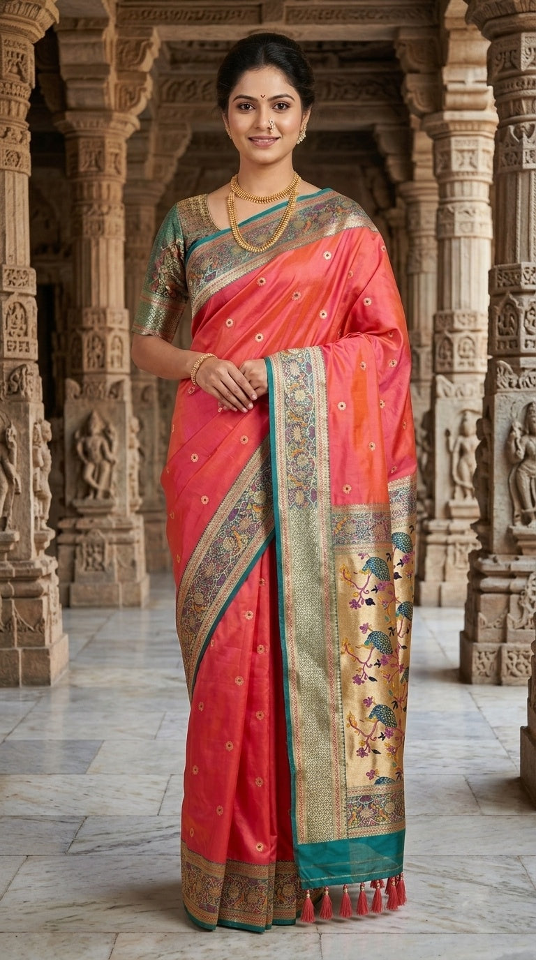 Premium Soft Paithani Silk Saree for Women with Meenakari Zari Weaving, Rich Peacock Pallu, Floral Border & Silk Brocade Blouse
